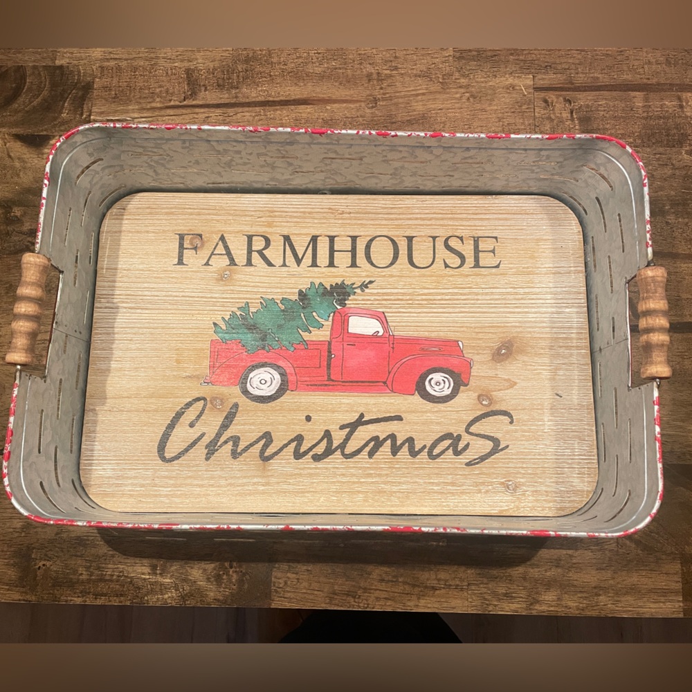 Large Farmhouse Christmas Galvanized Metal Tray w/ Handles | Rustic Décor